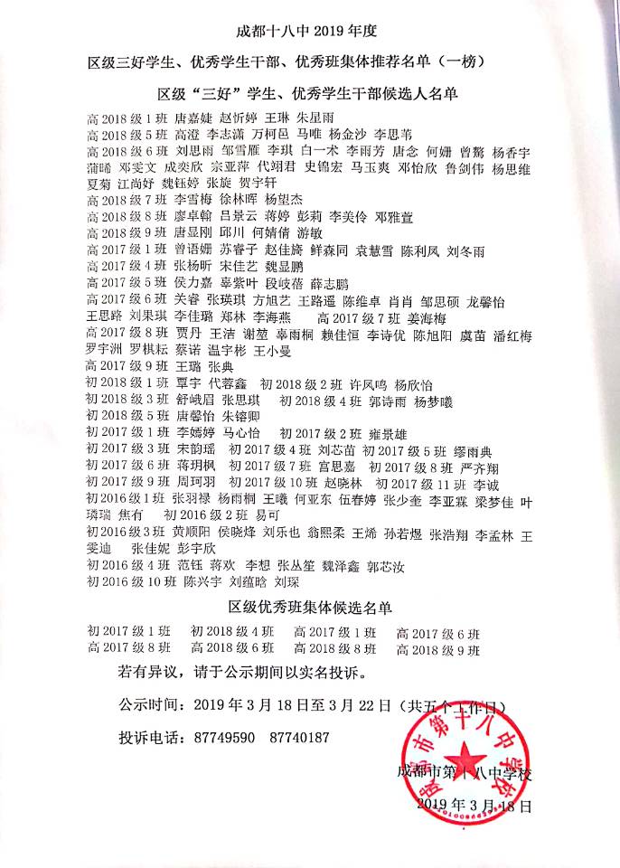 2019年度區(qū)級三好學(xué)生、優(yōu)秀學(xué)生干部、優(yōu)秀班集體推薦名單